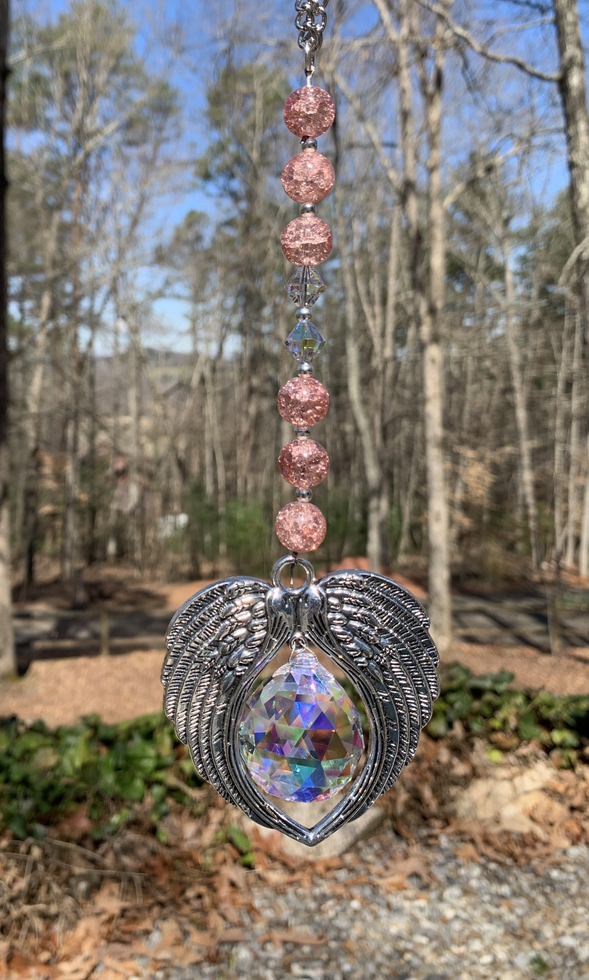 Angel wings with Aurora Borealis glass crystal, dusty rose glass